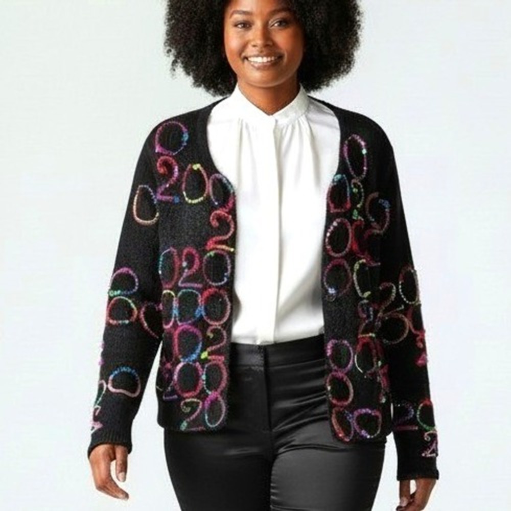 Michael Simon 2000 Beaded Sweater Black Y2K Millennium Novelty Cardigan Women M